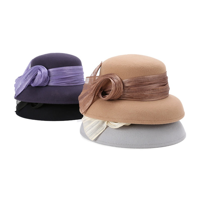 Felt Top Hat Rolled Edge with Flax Ribbon Decoration