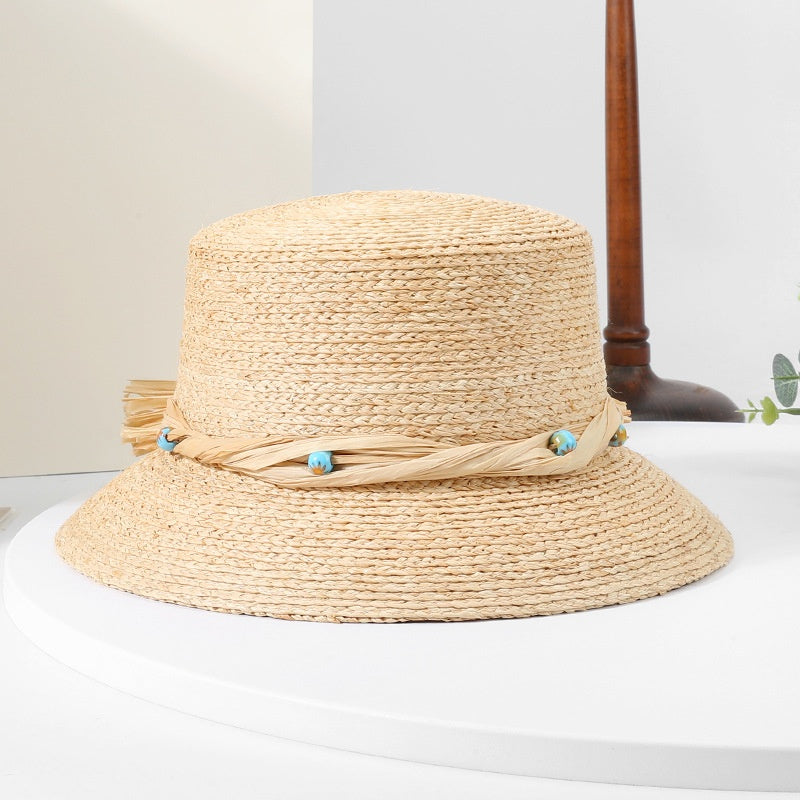 Sun Hat Straw Hat with String Beads and Bow