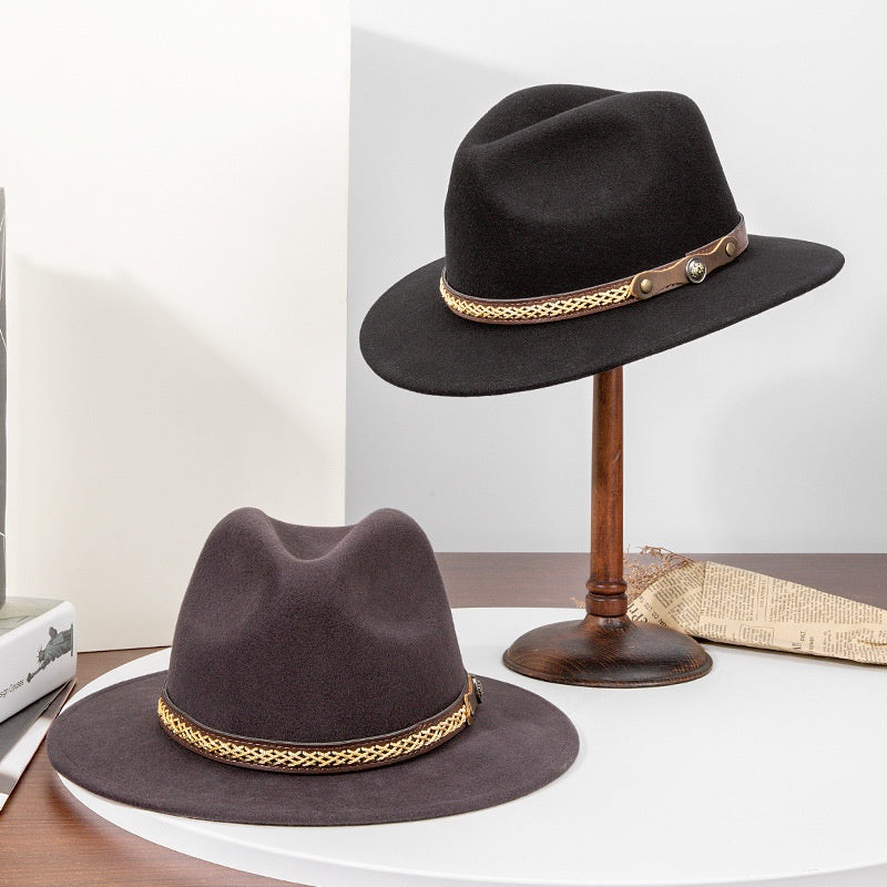 Felt Cowboy Hat with Interwoven Thread Spliced Copper Buckle Leather Strap