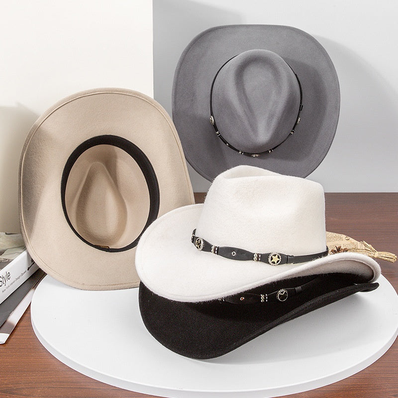 Felt Cowboy Hat with Copper Buckle Leather Strap and Star Decoration