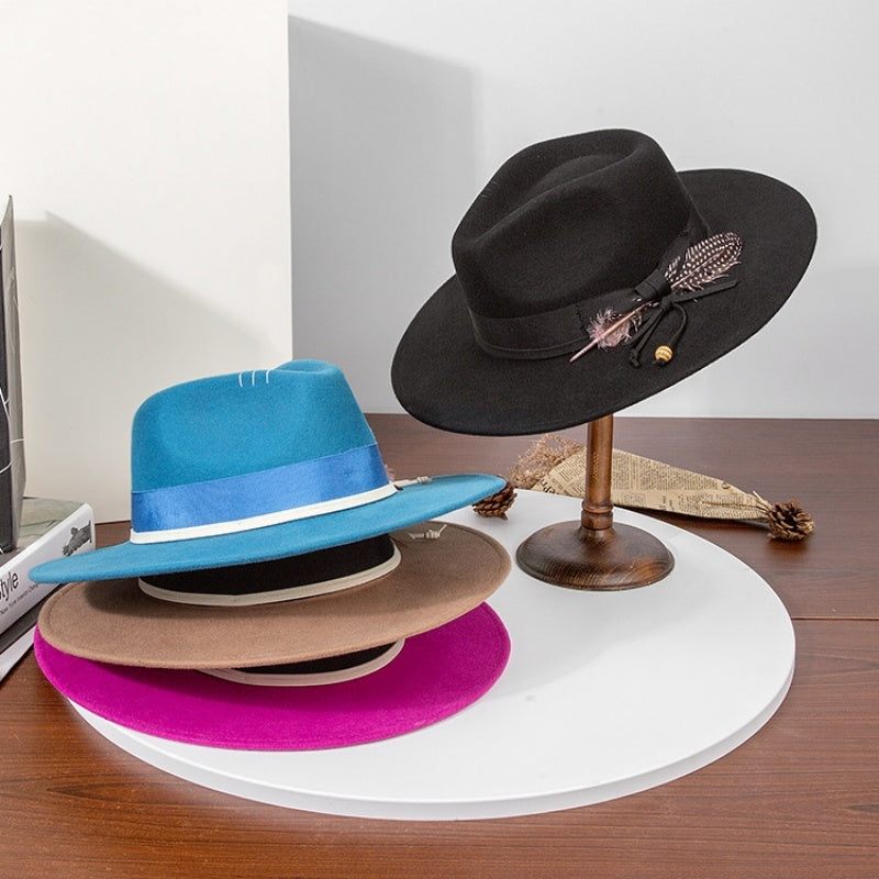 Felt Wide Brim Cowboy Hat with Bow Webbing and Feather