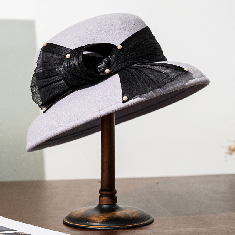 Felt Top Hat with Linen Bow and Pearl