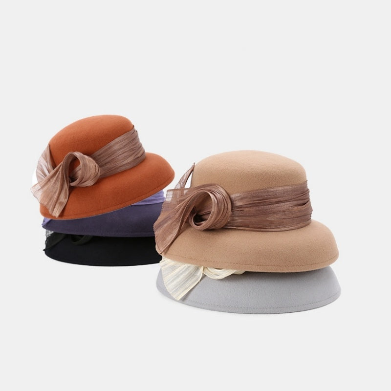 Felt Top Hat Rolled Edge with Flax Ribbon Decoration