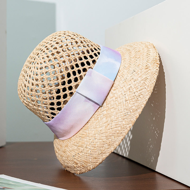 Straw Hollowed-out Sun Hat with Printed Webbing