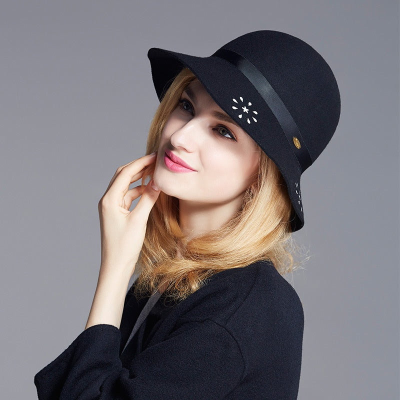 Felt Wide Brim Top Hat with Hollowed-out and Webbing