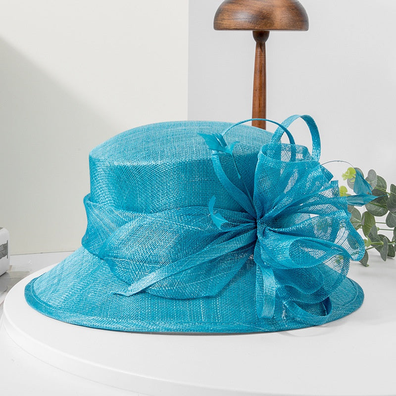 Water Blue Linen Yarn Top Hat with Floral Decoration