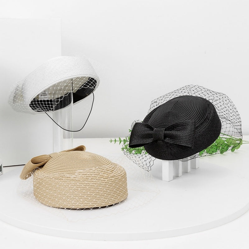Straw Beret with Bow and Veil