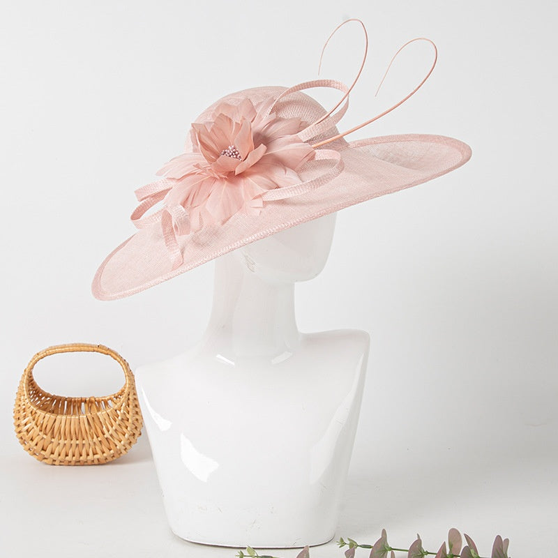 Wide Brim Top Hat with Feather Flower Decoration