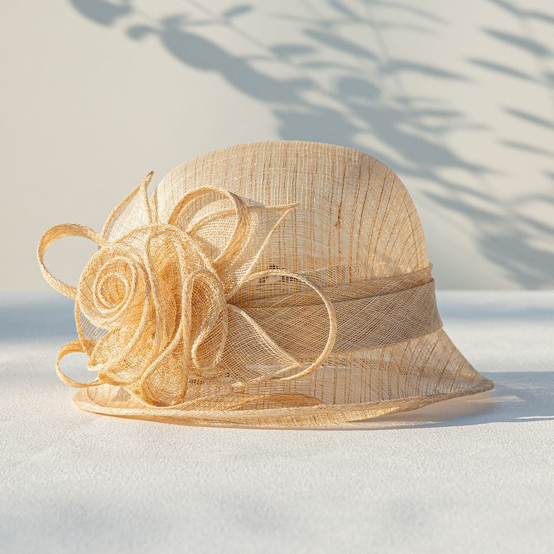 Top Hat Rolled Edge with Handmade Linen Yarn Flowers