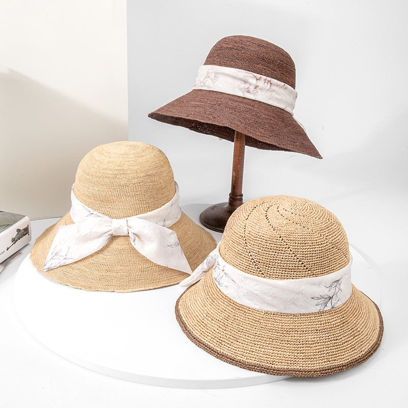 Straw Hat Sun Hat with Printed Bow