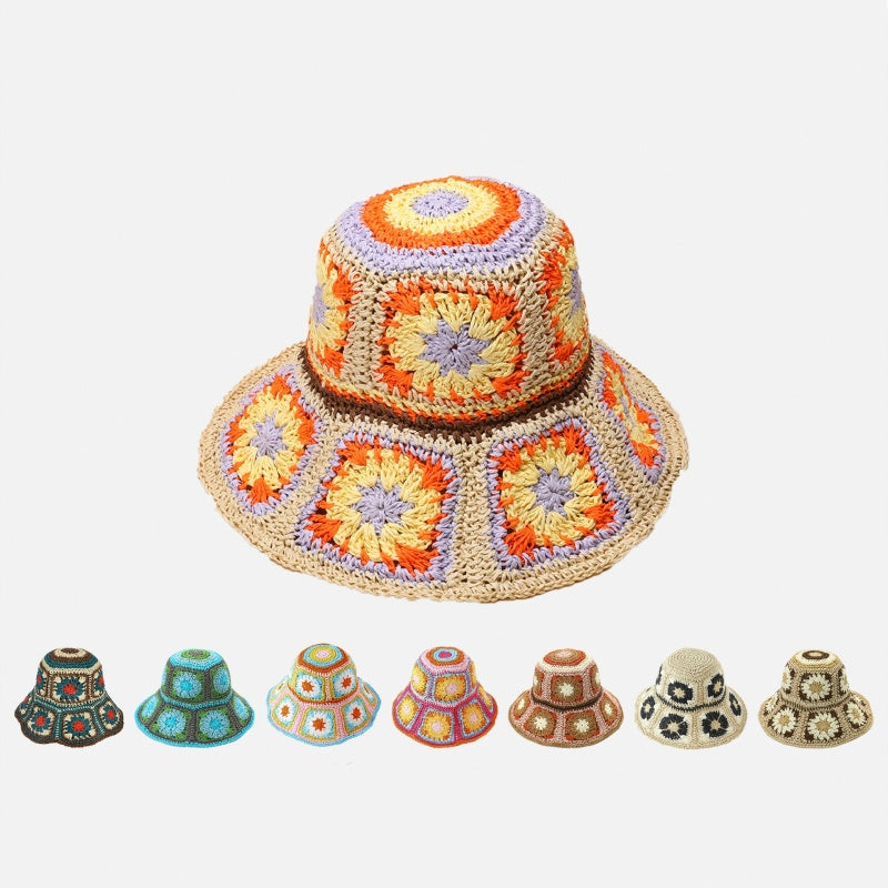 Straw Bucket Hat with Colorful Patterns