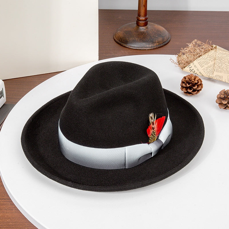 Rolled Edge Felt Top Hat with Feathers and Bow Webbing