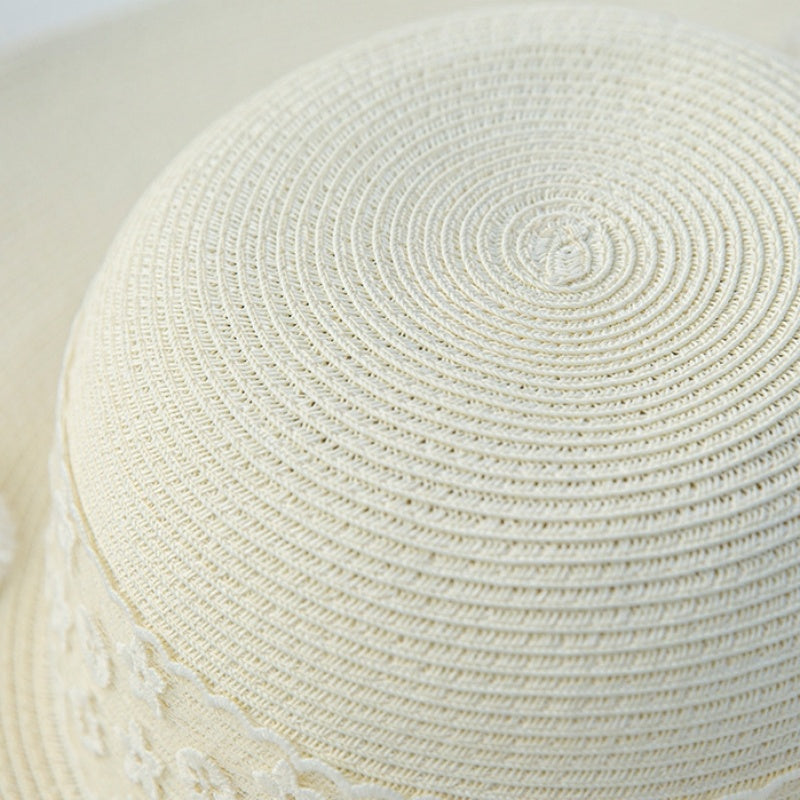 Wide Brim Straw Hat with Lace Decorative Strip and Lace Embroidery Patch