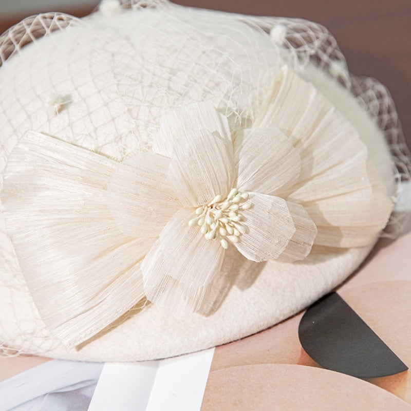 Felt Beret with Pearl Flower and Lace