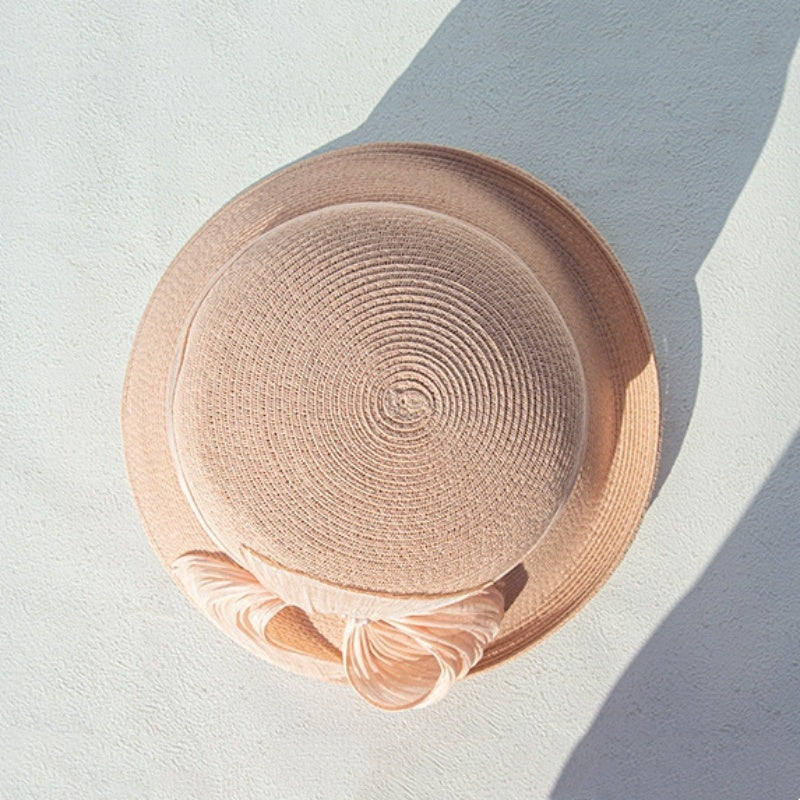 Sun Hat Rolled Edge with Pearls and Ribbons