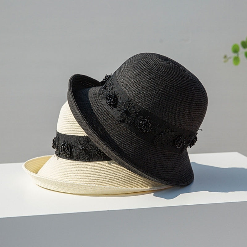 Straw Top Hat with Black Beads and Embroidery