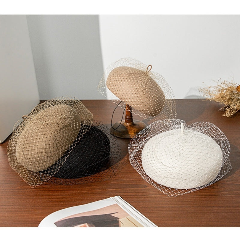 Felt Beret with Grid Veil