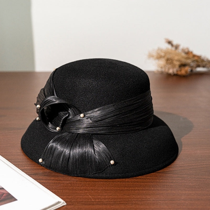 Felt Top Hat with Linen Bow and Pearl