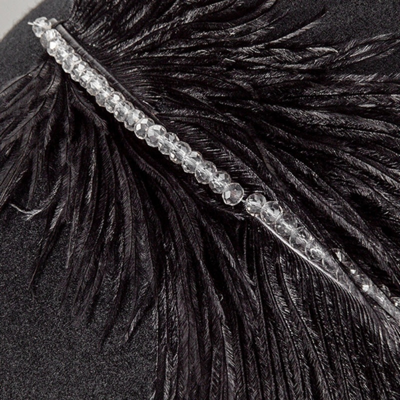 Felt Pillbox Hat with Crystal and Feather Decorations