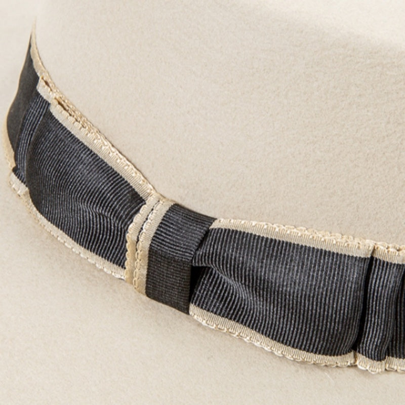 French Style Felt Wide Brim Top Hat With Bow Webbing
