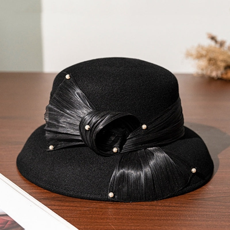 Felt Top Hat with Linen Bow and Pearl