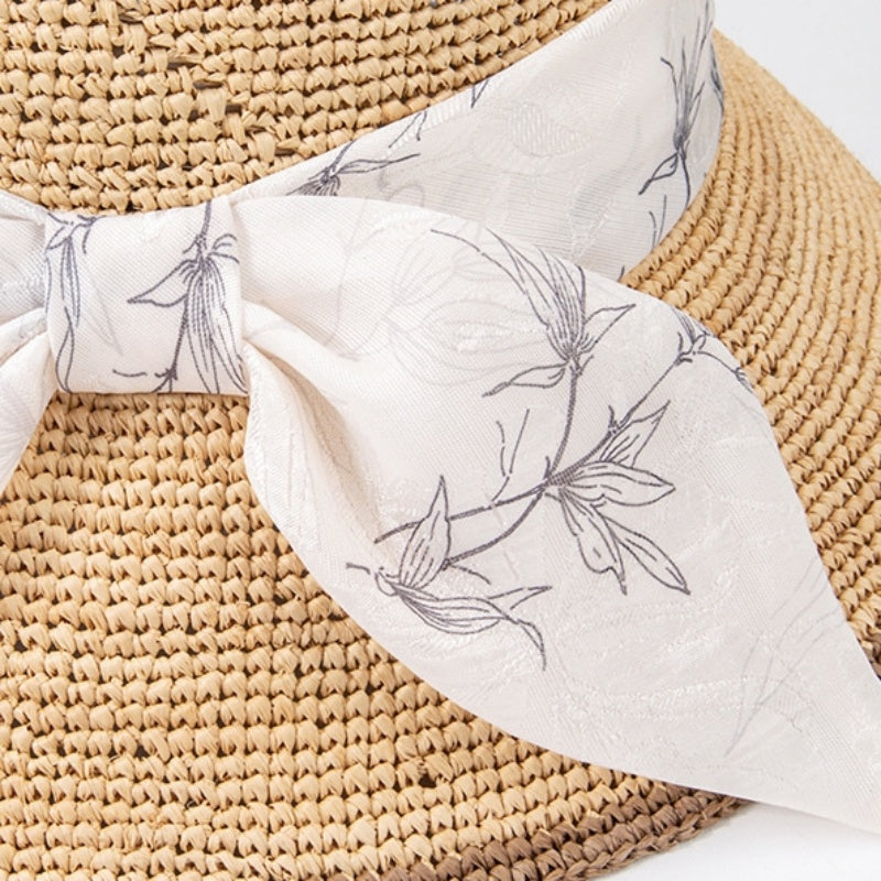 Straw Hat Sun Hat with Printed Bow
