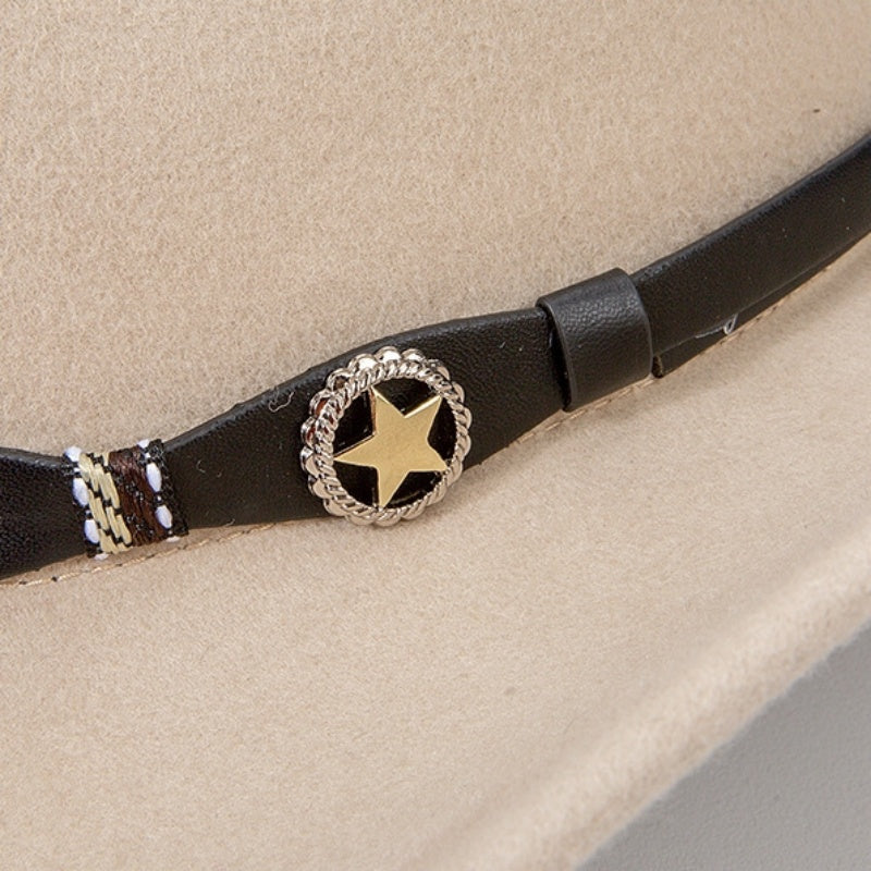 Felt Cowboy Hat with Copper Buckle Leather Strap and Star Decoration