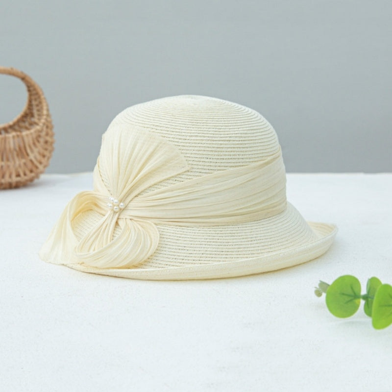 Sun Hat Rolled Edge with Pearls and Ribbons