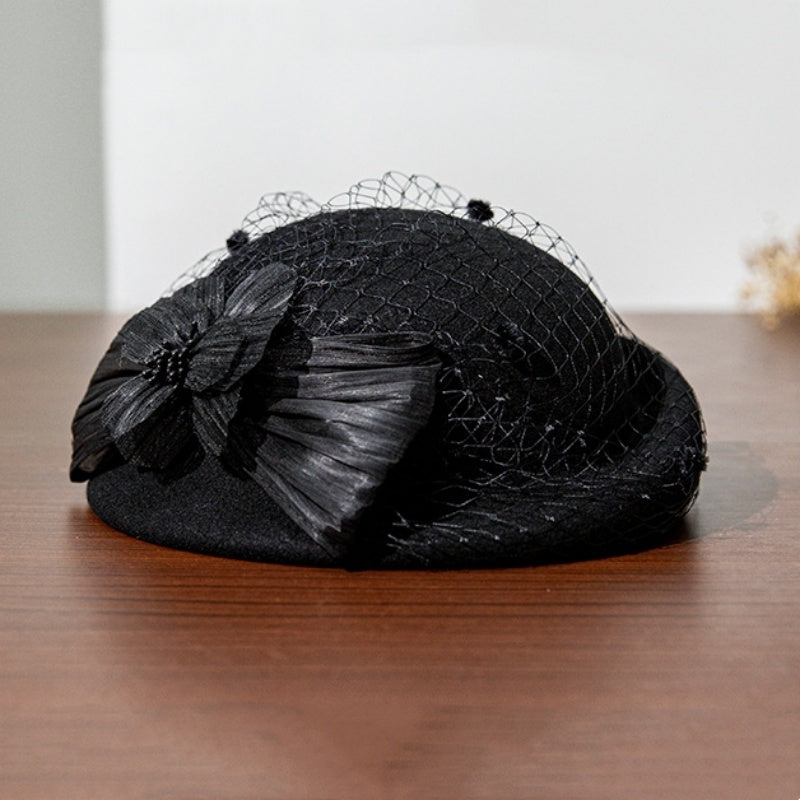 Felt Beret with Pearl Flower and Lace