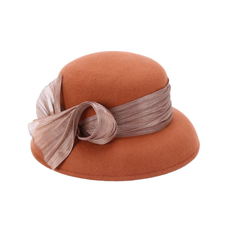 Felt Top Hat Rolled Edge with Flax Ribbon Decoration