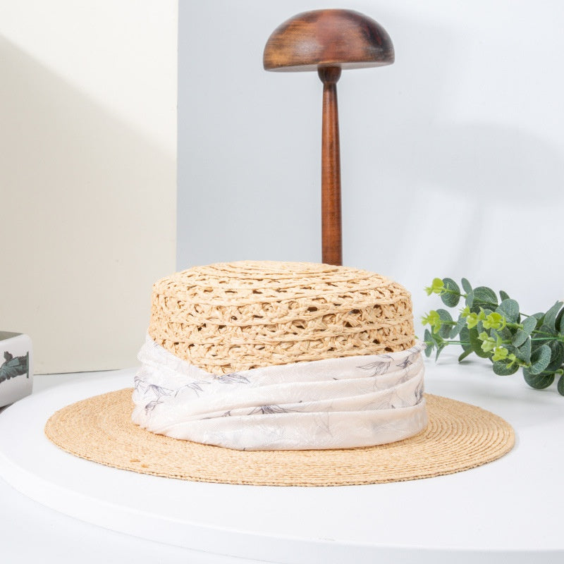 Spliced Color Bowler Hat Sun Hat with Printed Webbing