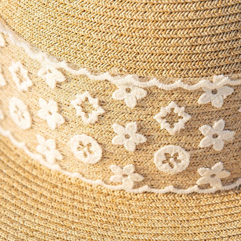 Wide Brim Straw Hat with Lace Decorative Strip and Lace Embroidery Patch