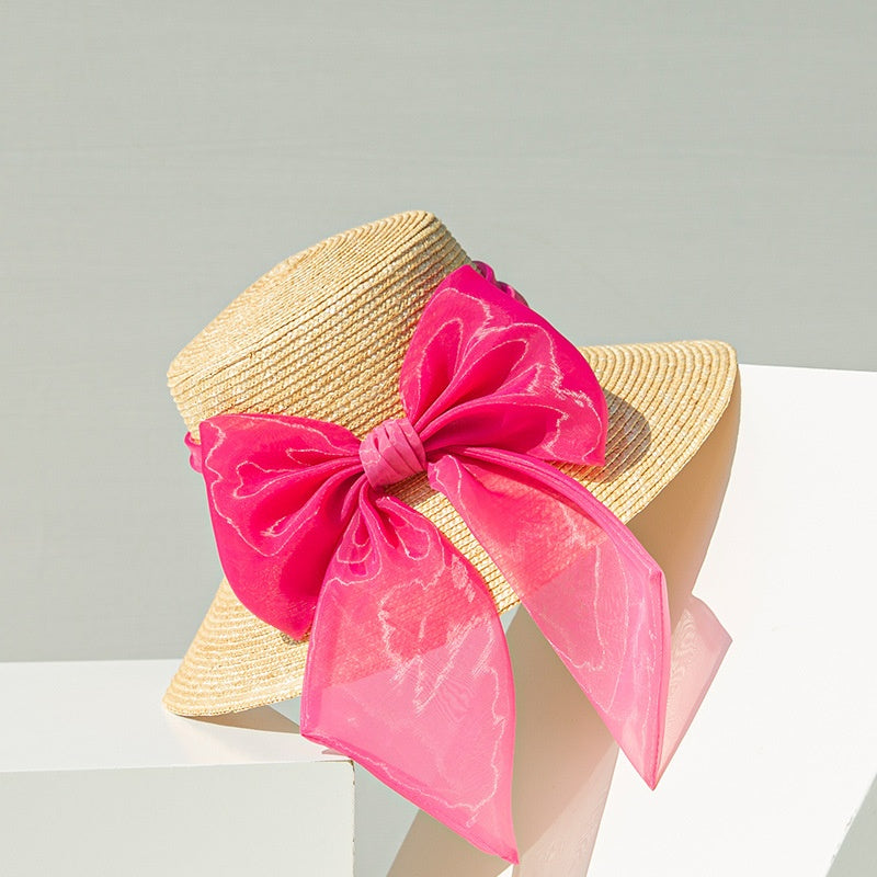Straw Sun Hat with Pink Big Bow