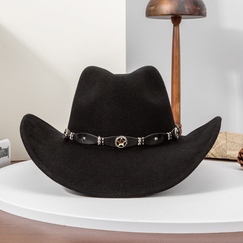Felt Cowboy Hat with Copper Buckle Leather Strap and Star Decoration