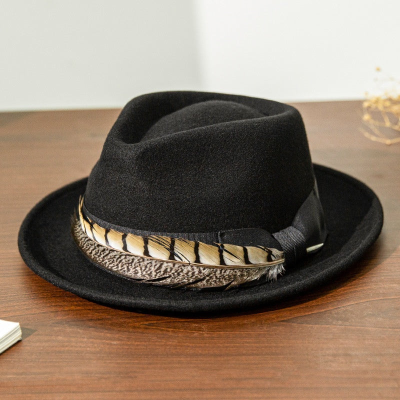 Wide Brim Rolled Edge Top Hat with Feather and Bow Decoration