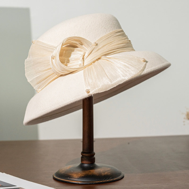 Felt Top Hat with Linen Bow and Pearl