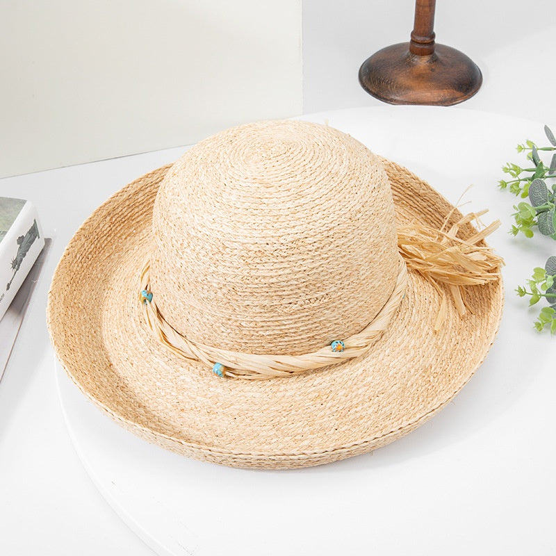 Rolled Edge Sun Hat Straw Hat with String Beads and Bow