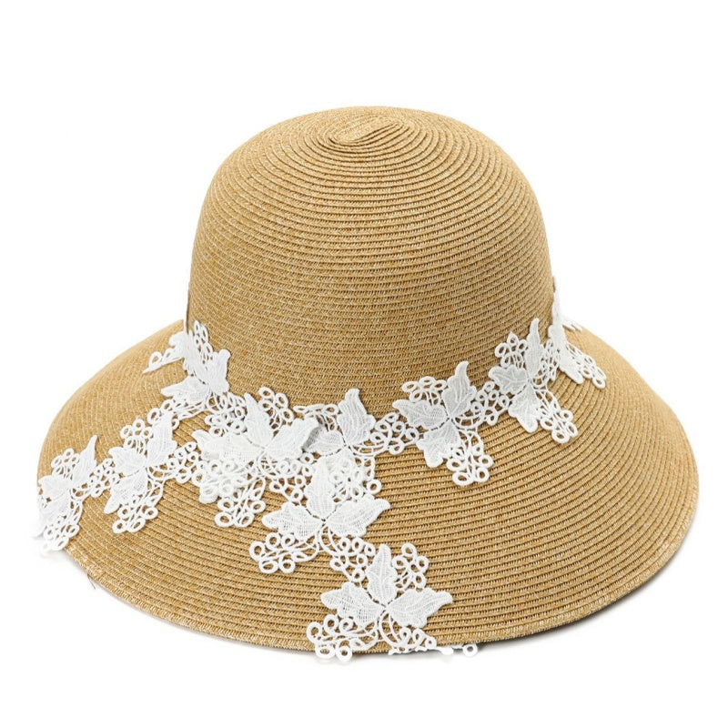 Straw Hat with Floral Lace Embroidery