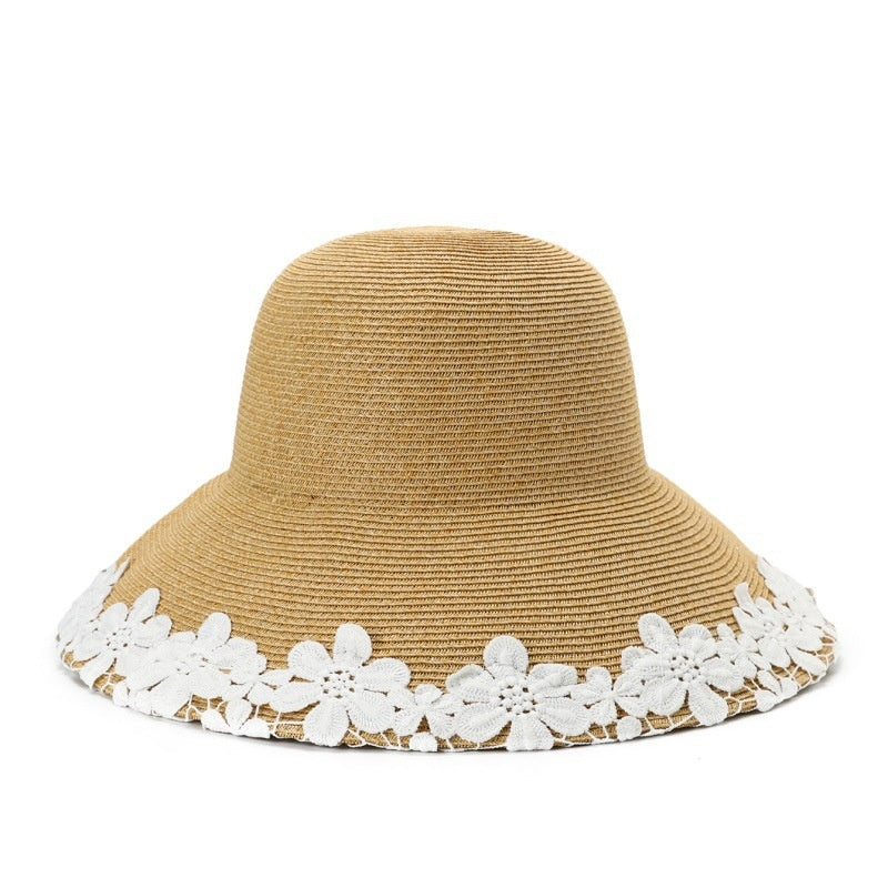 Straw Hat with Floral Lace Embroidery