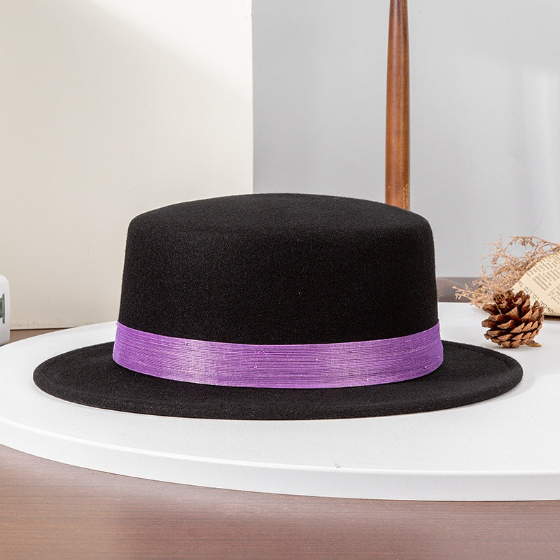 Felt Flat Roof Top Hat with Woven Webbing Decoration