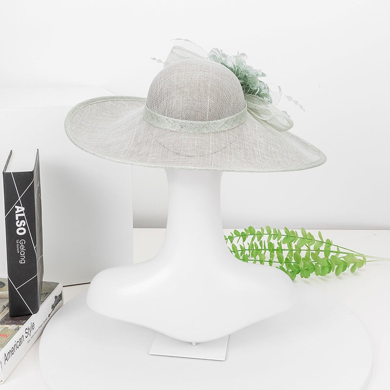 Wide Brim Top Hat with Feather Flower and Lace