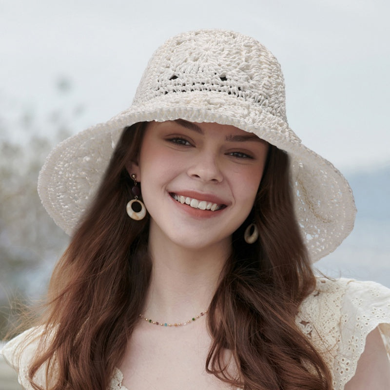 Straw Bucket Hat with Colorful Patterns