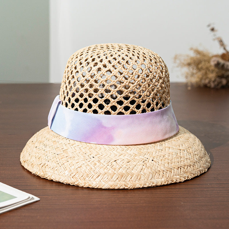Straw Hollowed-out Sun Hat with Printed Webbing