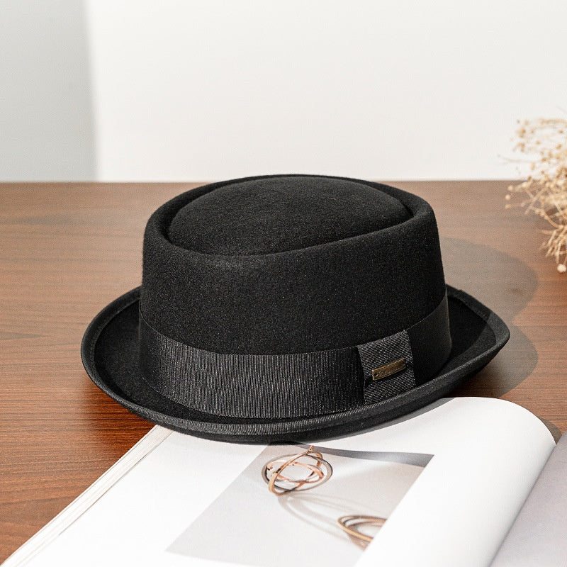 Black Felt Rolled Brim Top Hat with Webbing Decoration