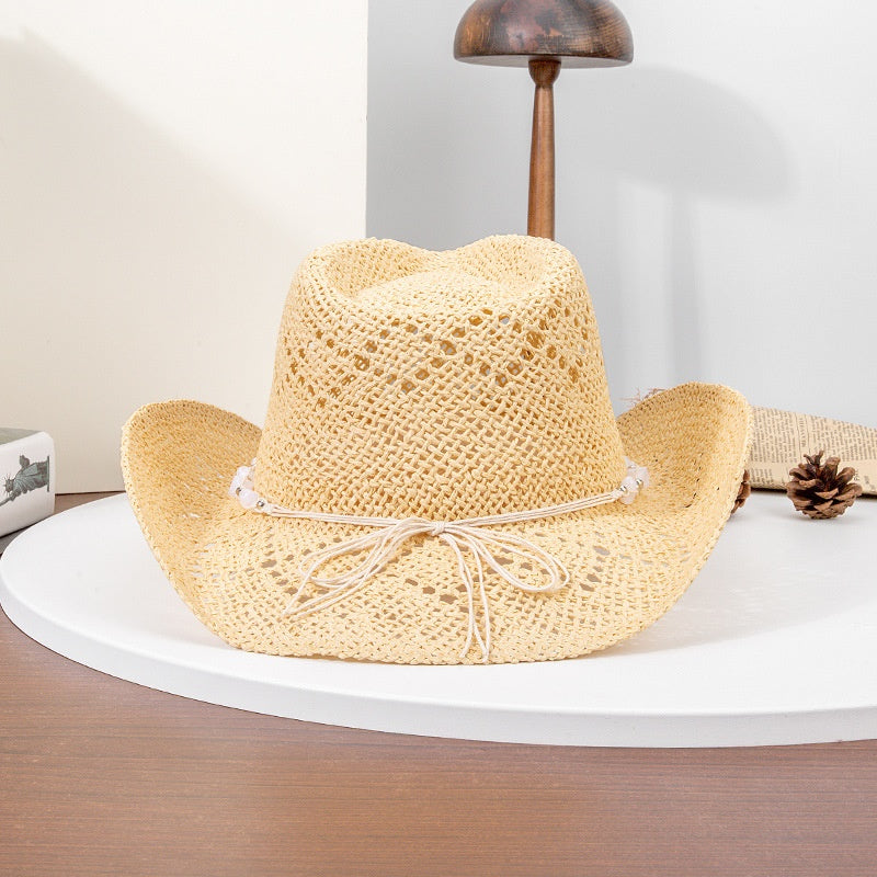 Straw Cowboy Hat Sun Hat with String of Beads