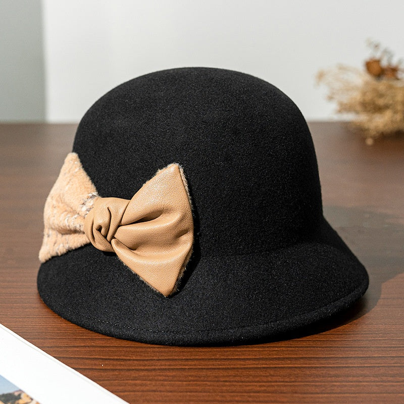Felt Top Hat with Velvet and Leather Splicing Bow