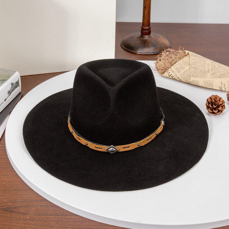 Felt Cowboy Hat with Copper Buckle Leather Strap