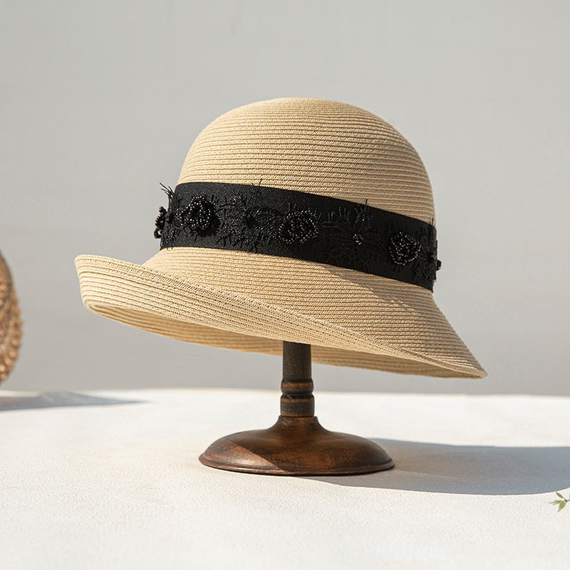 Straw Top Hat with Black Beads and Embroidery
