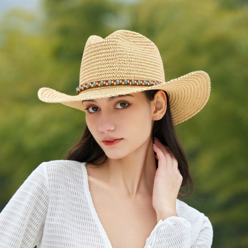Straw Cowboy Hat with Beaded Decoration
