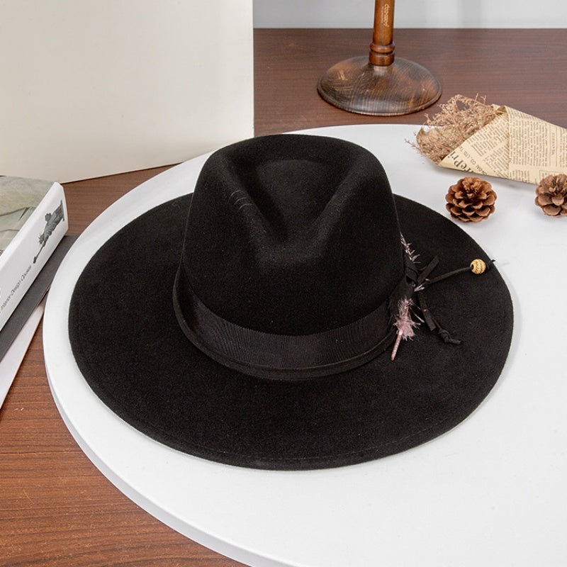 Felt Wide Brim Cowboy Hat with Bow Webbing and Feather